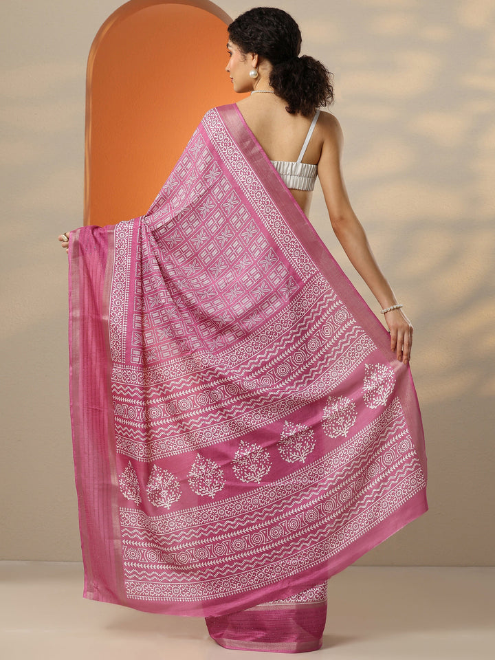 Pink Printed Silk Blend Saree With Unstitched Blouse Picece