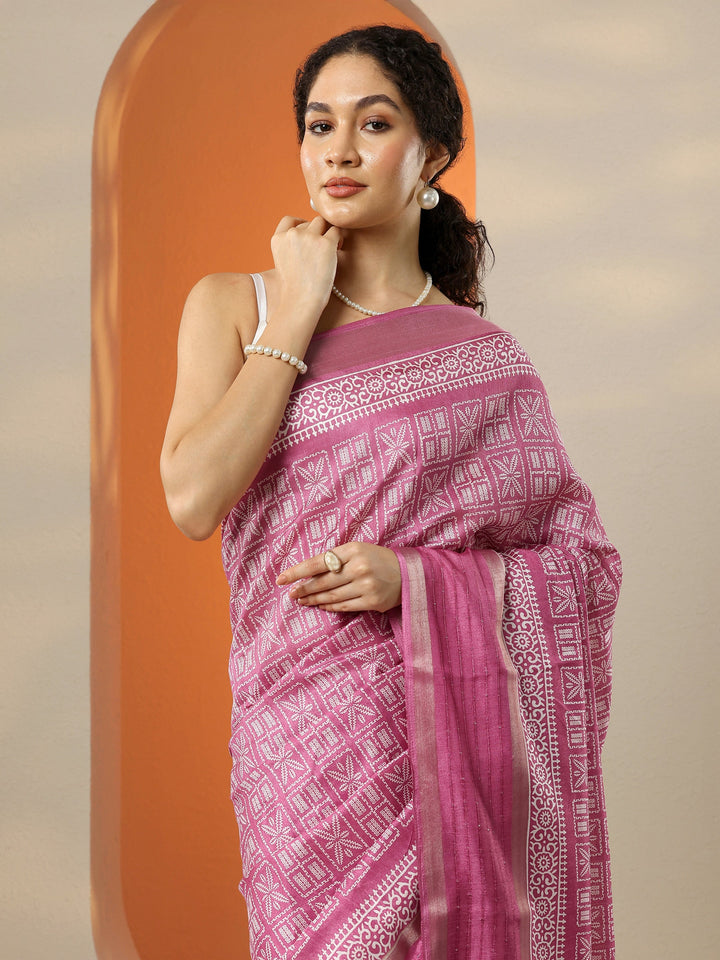 Pink Printed Silk Blend Saree With Unstitched Blouse Picece