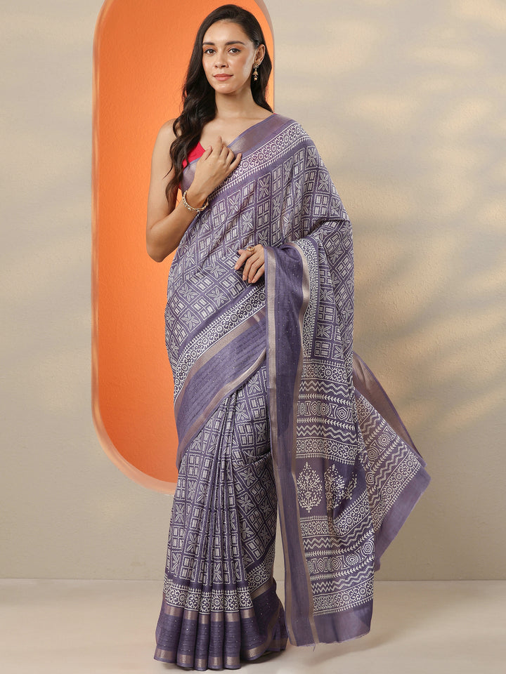 Lavender Printed Silk Blend Saree With Unstitched Blouse Piece