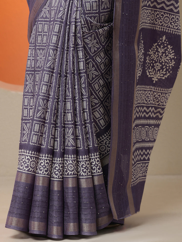 Lavender Printed Silk Blend Saree With Unstitched Blouse Piece