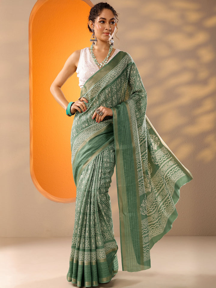 Green Printed Silk Blend Saree With Unstitched Blouse Picece
