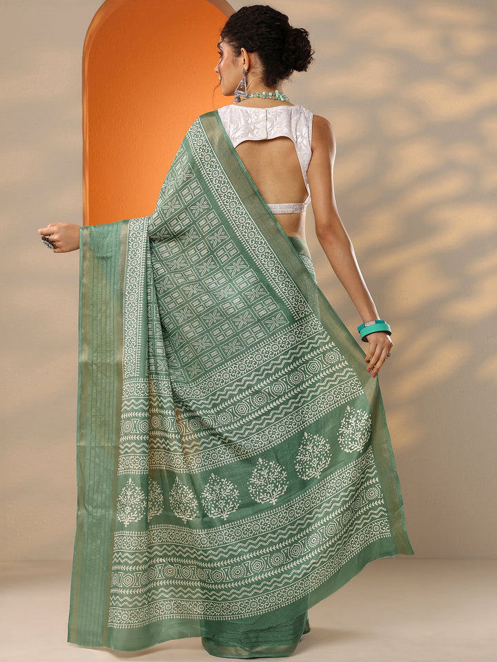 Green Printed Silk Blend Saree With Unstitched Blouse Picece