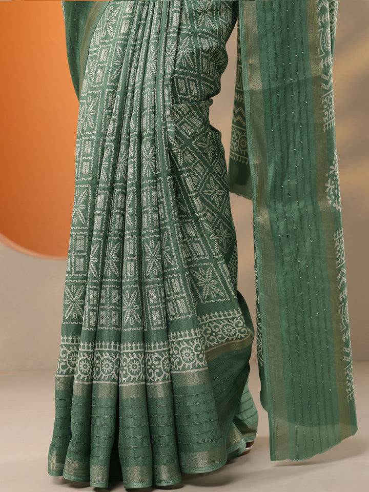Green Printed Silk Blend Saree With Unstitched Blouse Picece