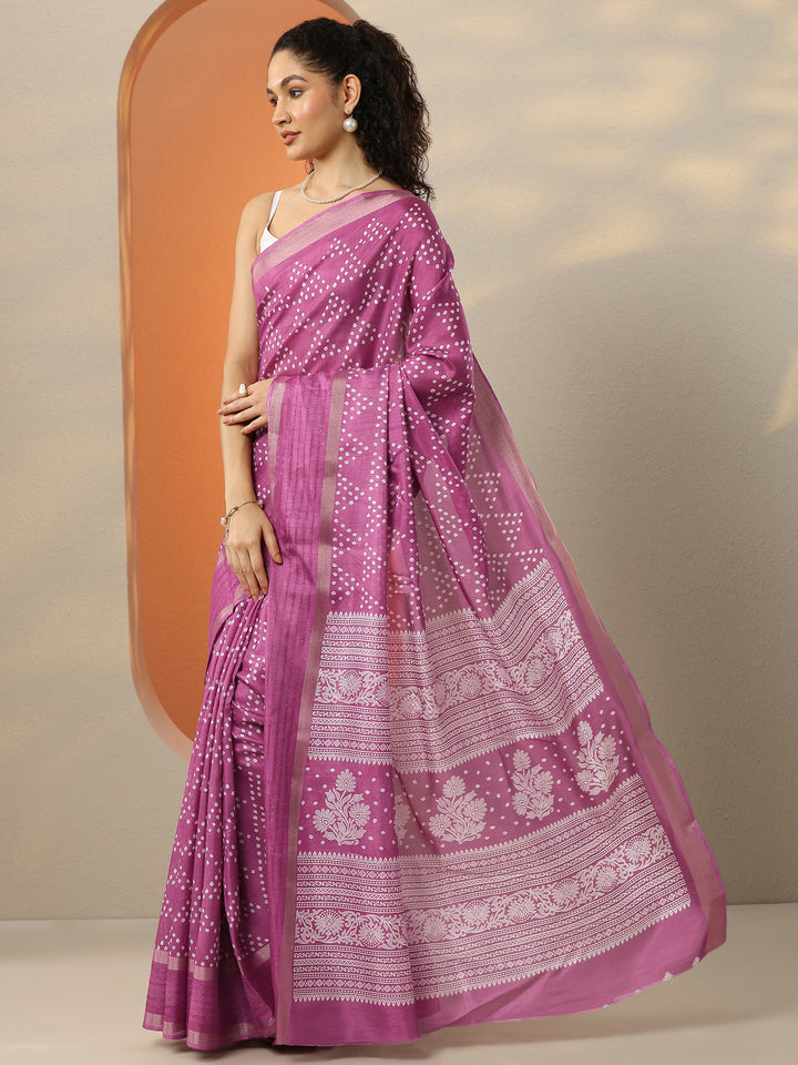 Pink Bandhani Printed Silk Blend Saree With Unstitched Blouse Piece