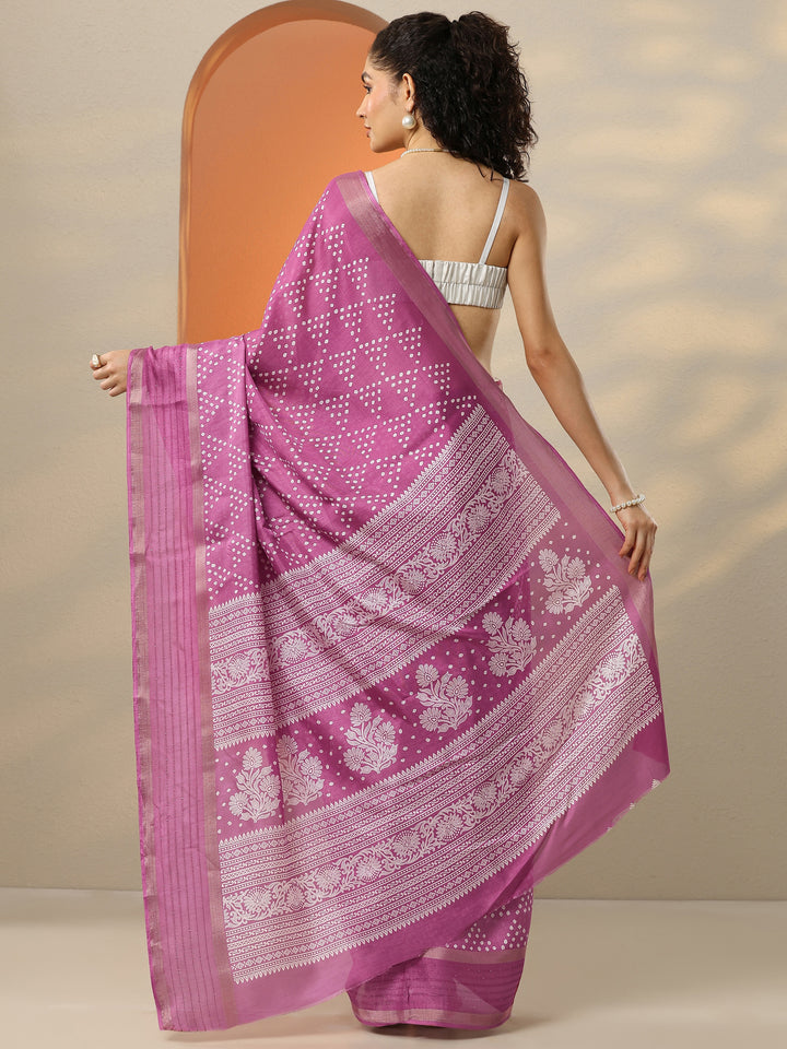 Pink Bandhani Printed Silk Blend Saree With Unstitched Blouse Piece