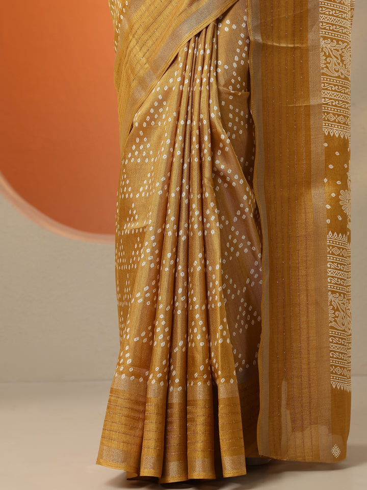 Mustard Bandhani Printed Silk Blend Saree With Unstitched Blouse Piece