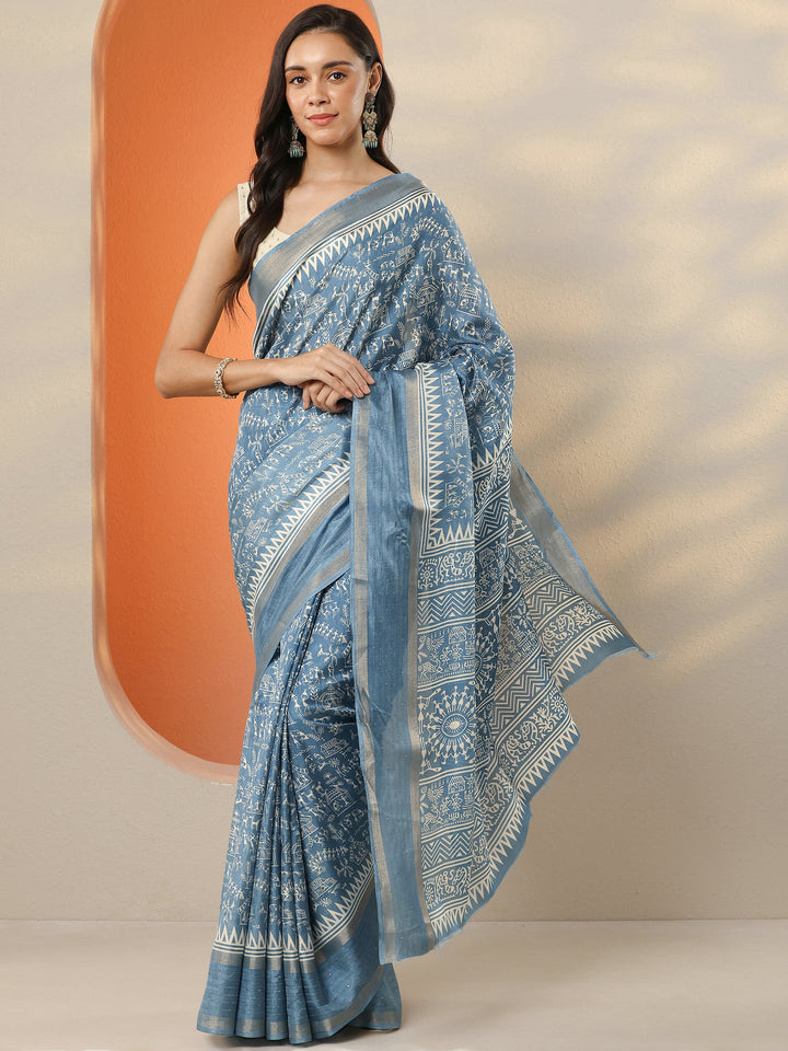 Blue Printed Silk Blend Saree With Unstitched Blouse Piece