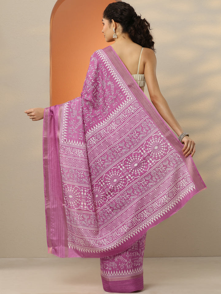 Pink Printed Silk Blend Saree With Unstitched Blouse Piece