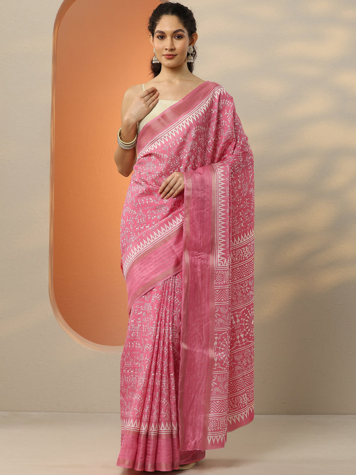Coral Printed Silk Blend Saree With Unstitched Blouse Piece