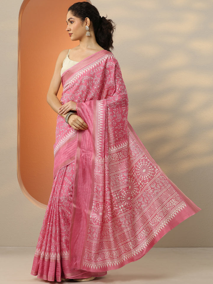 Coral Printed Silk Blend Saree With Unstitched Blouse Piece