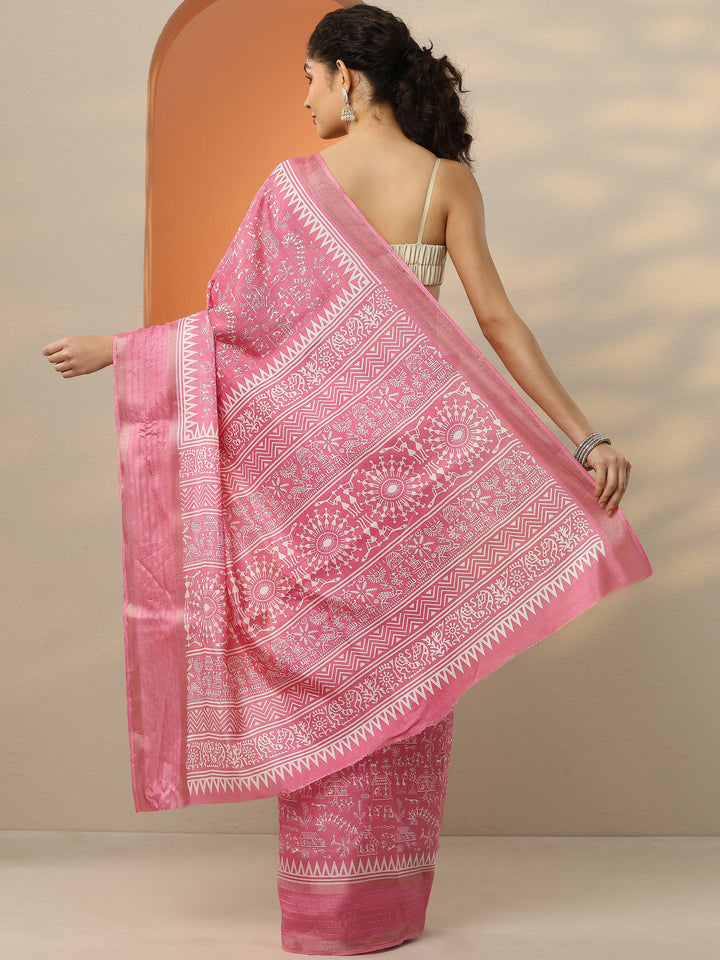 Coral Printed Silk Blend Saree With Unstitched Blouse Piece