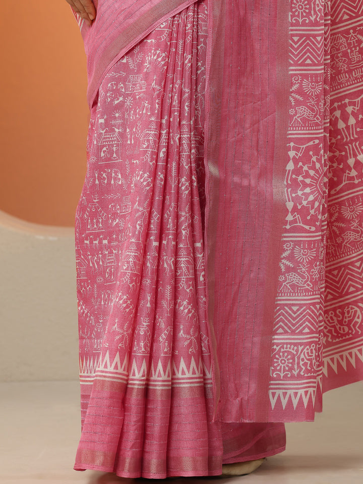 Coral Printed Silk Blend Saree With Unstitched Blouse Piece