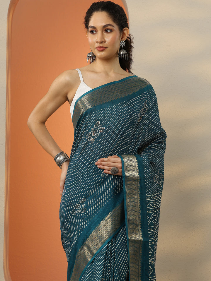 Blue Bandhani Printed Silk Blend Saree With Unstitched Blouse Piece