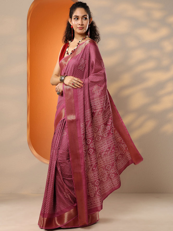 Mauve Bandhani Printed Silk Blend Saree With Unstitched Blouse Piece