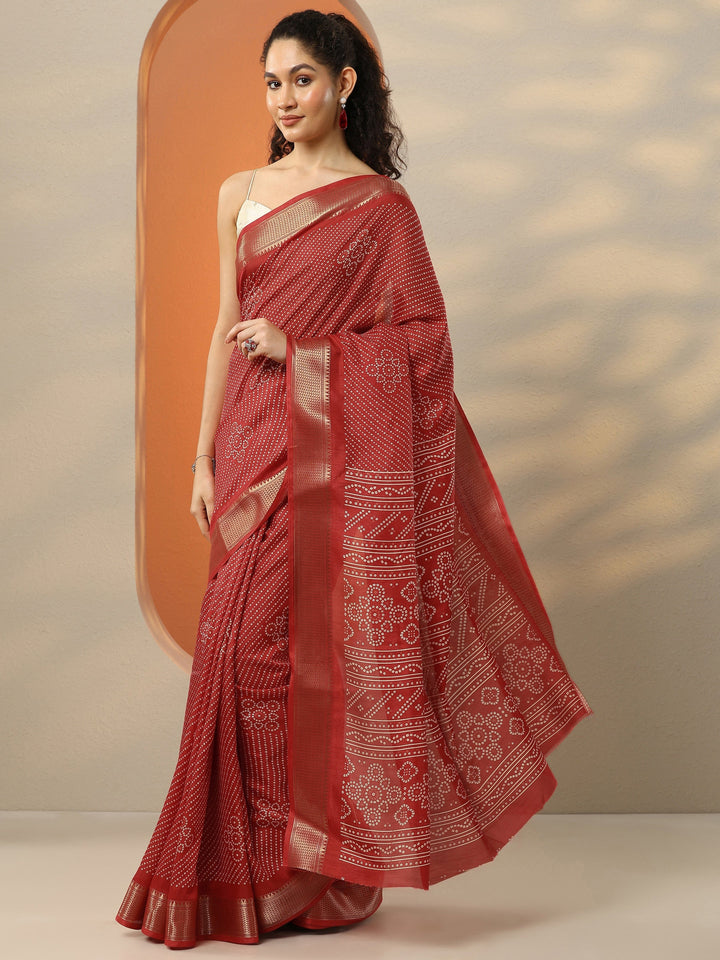 Red Bandhani Printed Silk Blend Saree With Unstitched Blouse Piece