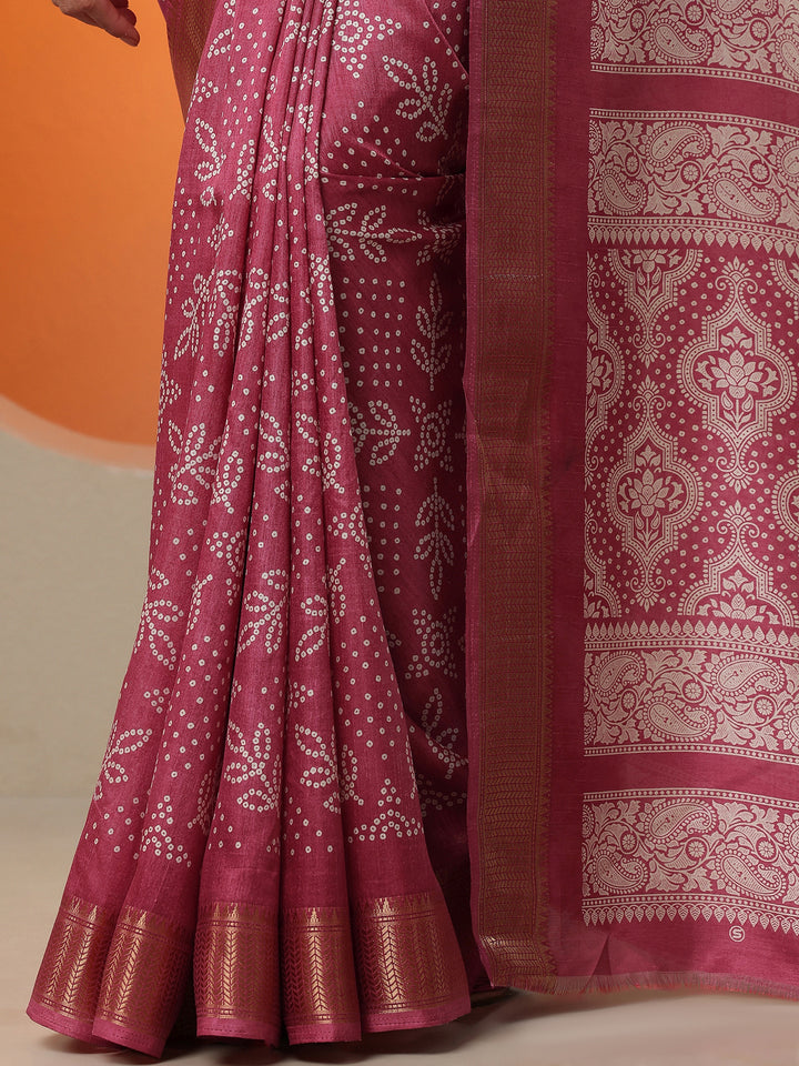 Pink Bandhani Printed Silk Blend Saree With Unstitched Blouse Piece