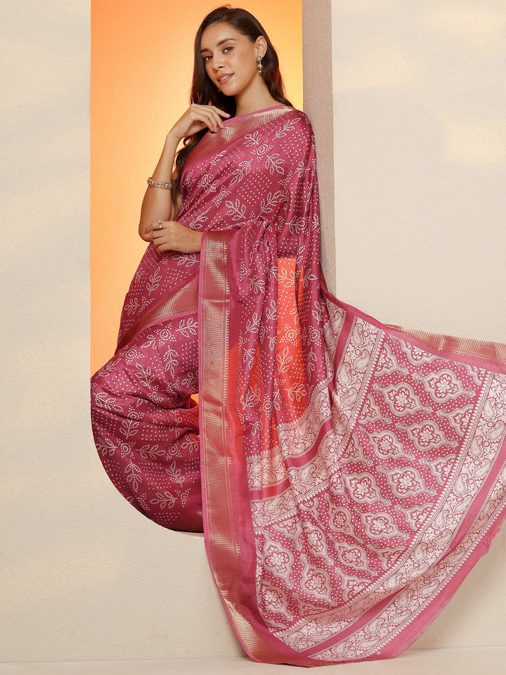 Pink Bandhani Printed Silk Blend Saree With Unstitched Blouse Piece