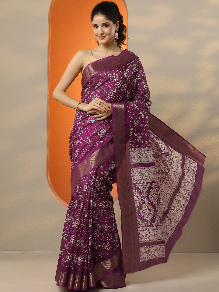 Burgundy Bandhani Printed Silk Blend Saree With Unstitched Blouse Piece