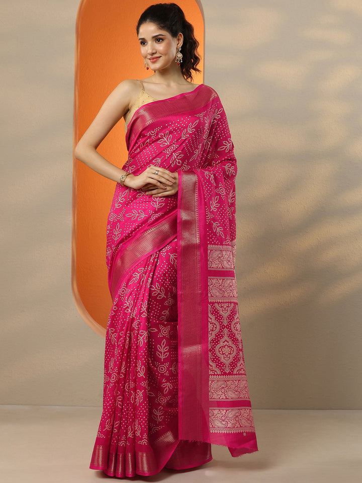 Pink Bandhani Printed Silk Blend Saree With Unstitched Blouse Piece