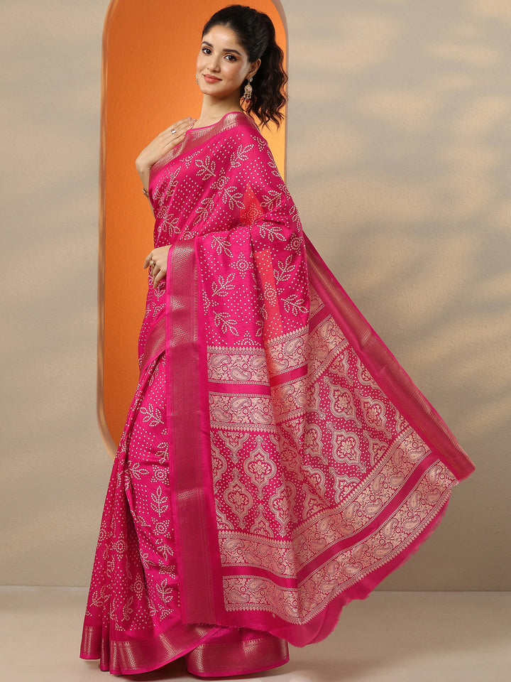 Pink Bandhani Printed Silk Blend Saree With Unstitched Blouse Piece