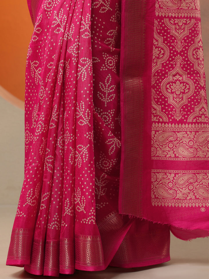 Pink Bandhani Printed Silk Blend Saree With Unstitched Blouse Piece