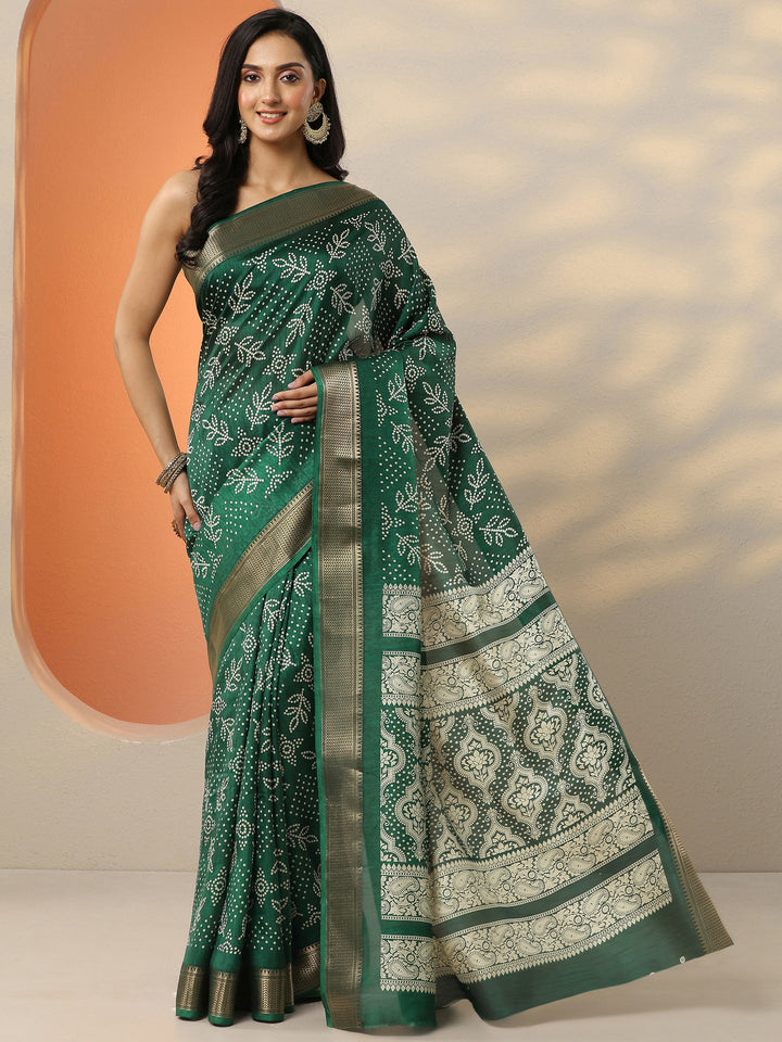 Green Bandhani Printed Silk Blend Saree With Unstitched Blouse Piece