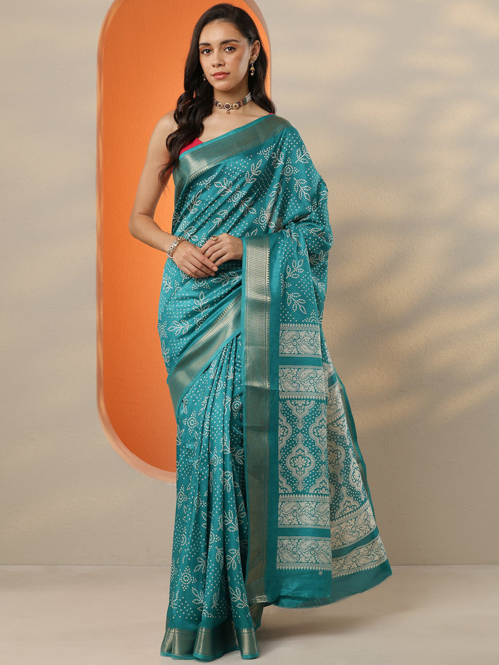 Green Bandhani Printed Silk Blend Saree With Unstitched Blouse Piece