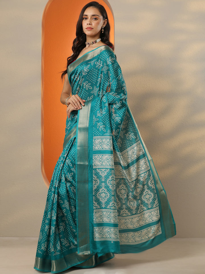 Green Bandhani Printed Silk Blend Saree With Unstitched Blouse Piece