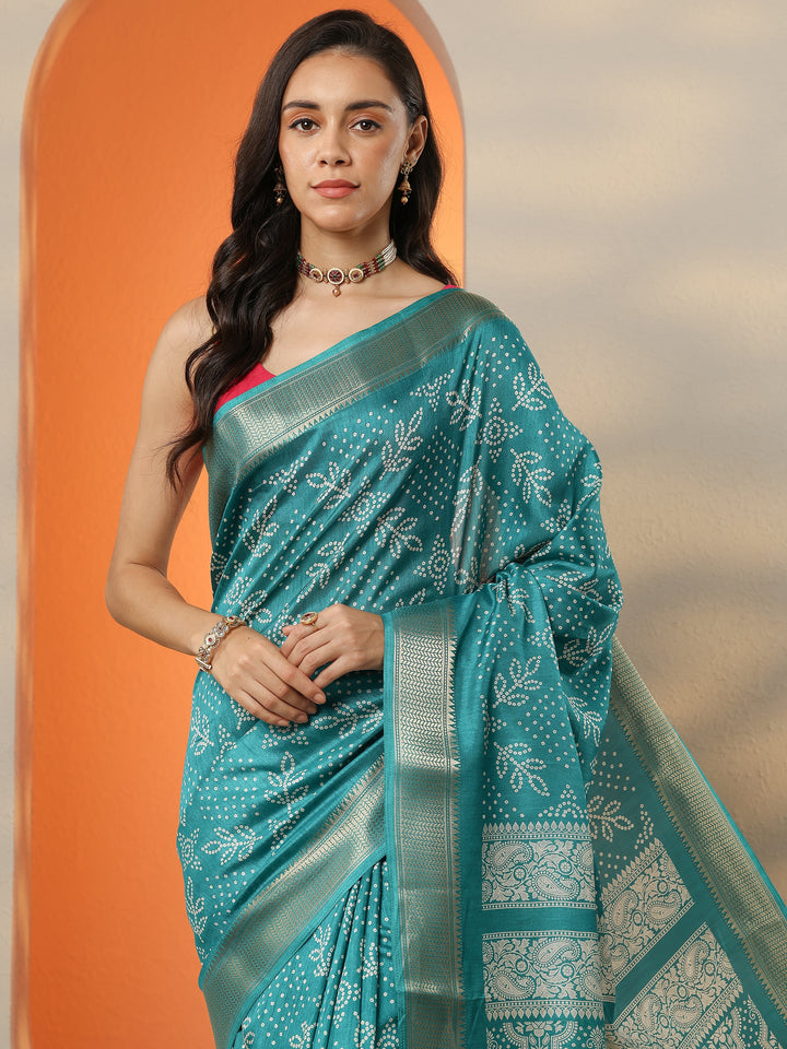 Green Bandhani Printed Silk Blend Saree With Unstitched Blouse Piece