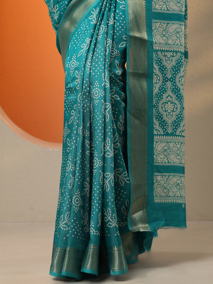 Green Bandhani Printed Silk Blend Saree With Unstitched Blouse Piece