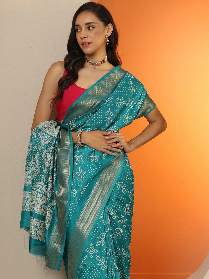 Green Bandhani Printed Silk Blend Saree With Unstitched Blouse Piece
