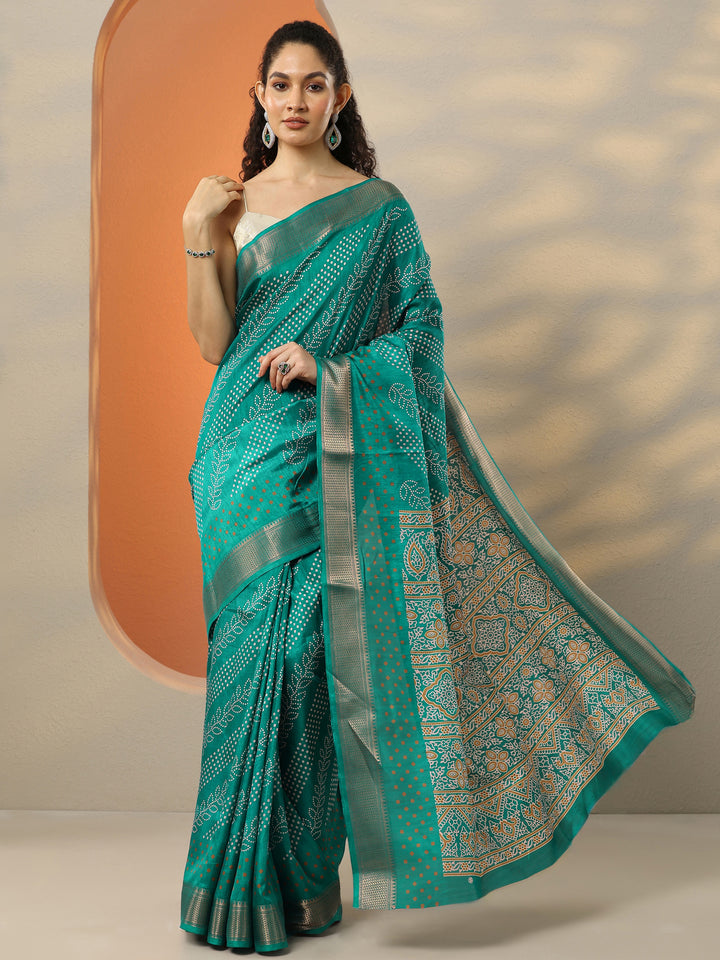 Green Bandhani Printed Silk Blend Saree With Unstitched Blouse Piece