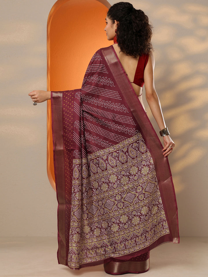 Maroon Bandhani Printed Silk Blend Saree With Unstitched Blouse Piece