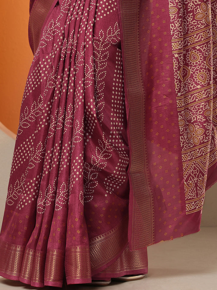 Maroon Bandhani Printed Silk Blend Saree With Unstitched Blouse Piece