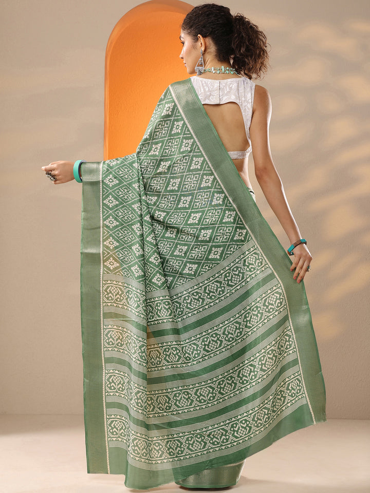 Green Printed Silk Blend Saree With Unstitched Blouse Picece