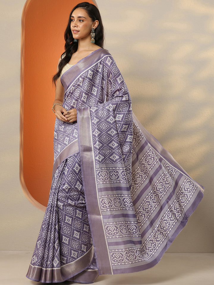 Lavender Printed Silk Blend Saree With Unstitched Blouse Piece