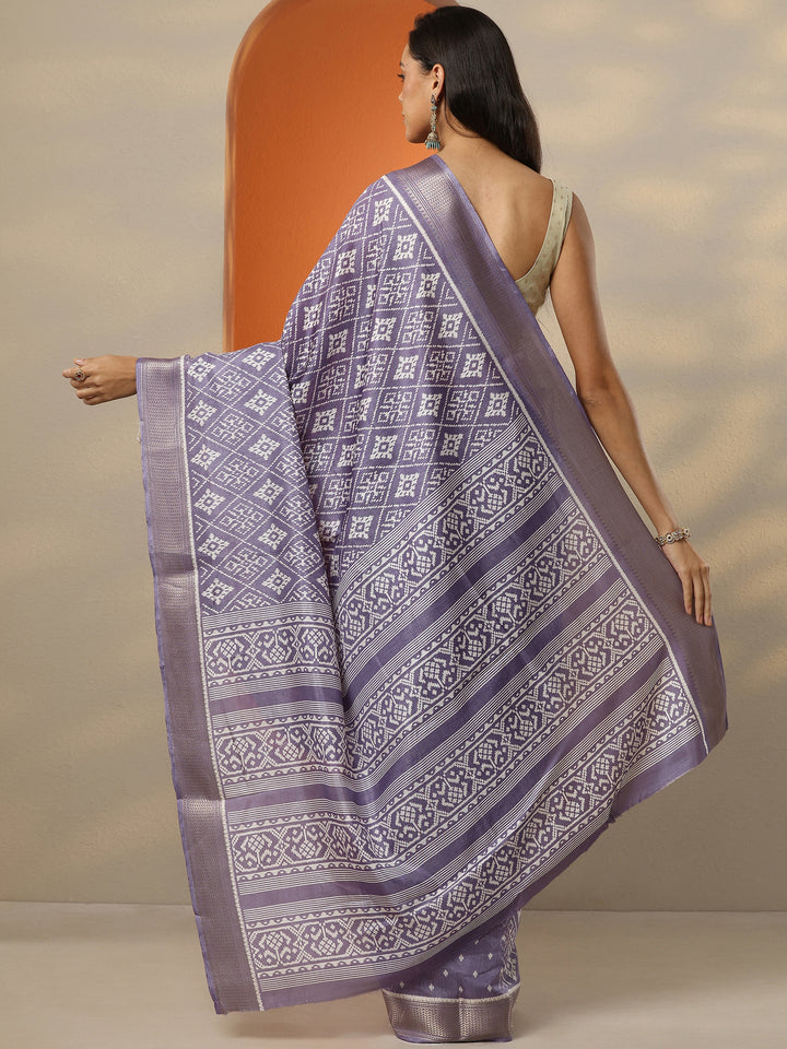 Lavender Printed Silk Blend Saree With Unstitched Blouse Piece