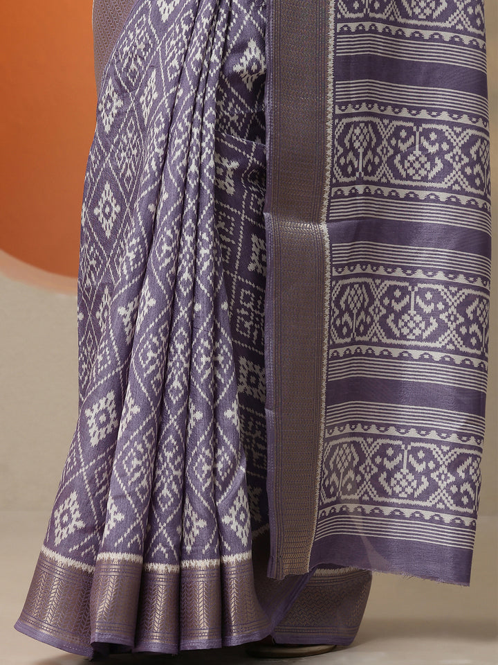 Lavender Printed Silk Blend Saree With Unstitched Blouse Piece
