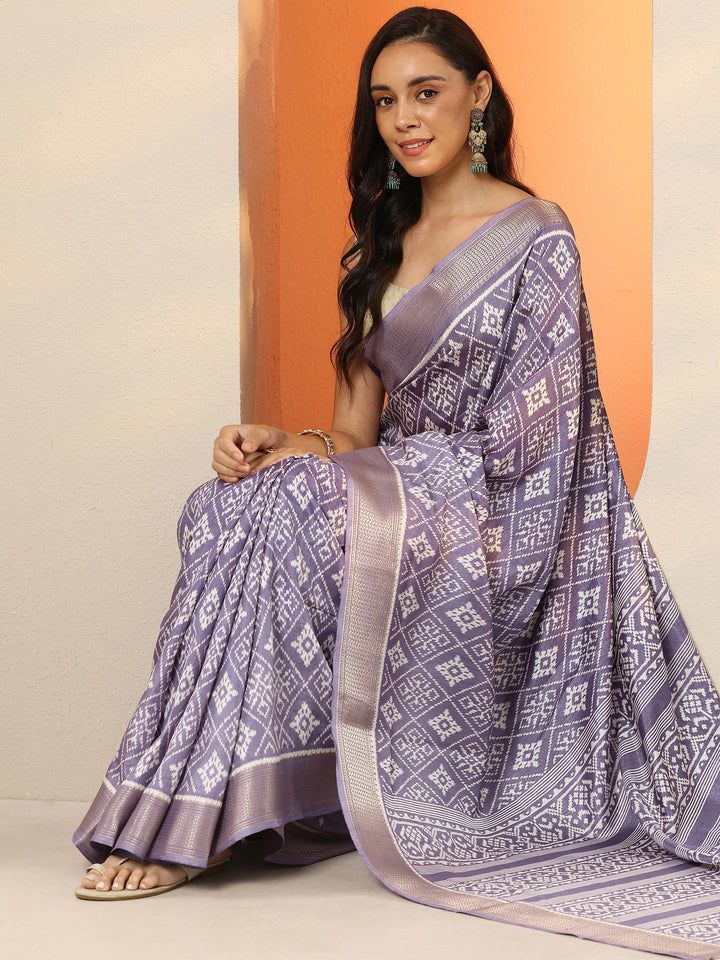 Lavender Printed Silk Blend Saree With Unstitched Blouse Piece