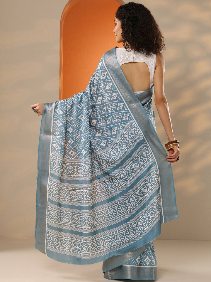 Blue Printed Silk Blend Saree With Unstitched Blouse Piece