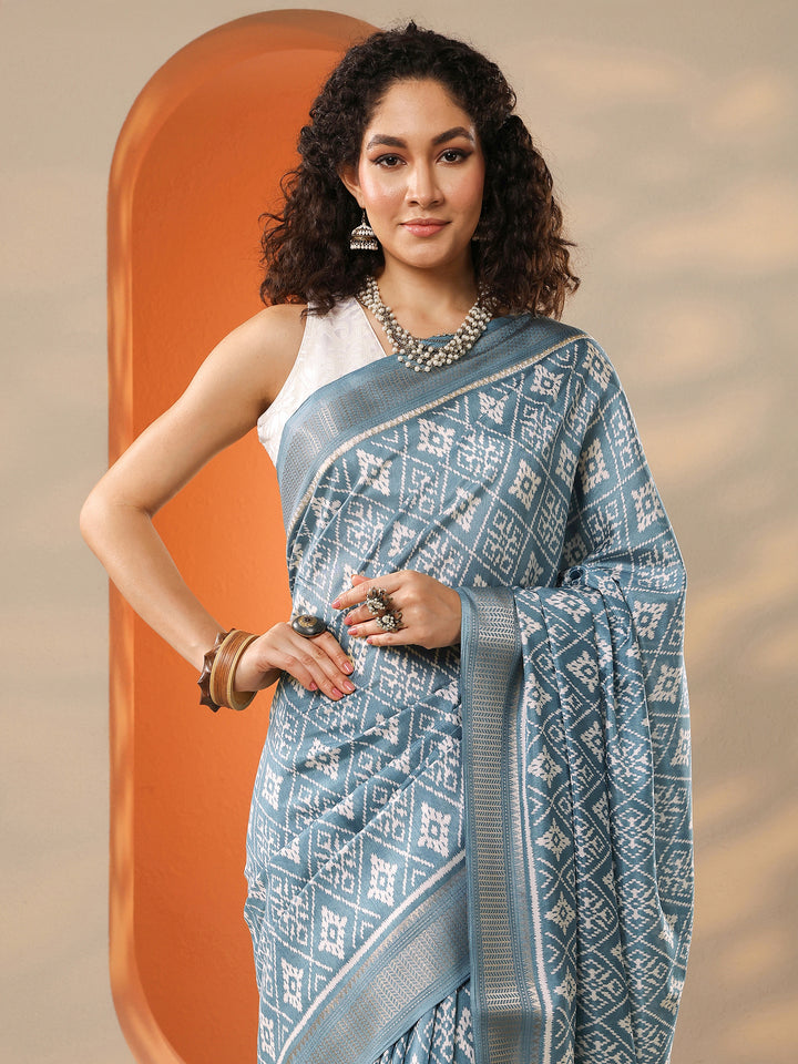 Blue Printed Silk Blend Saree With Unstitched Blouse Piece