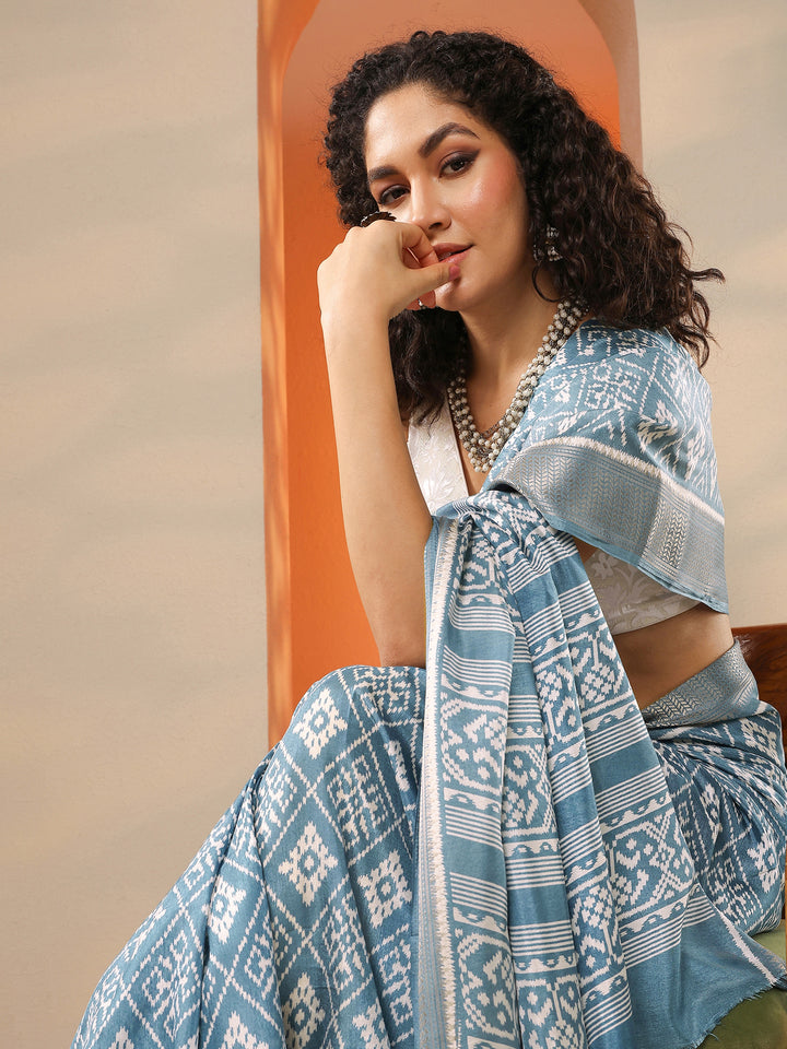Blue Printed Silk Blend Saree With Unstitched Blouse Piece