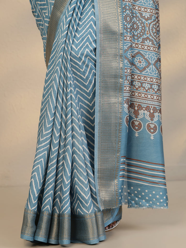 Blue Printed Silk Blend Saree With Unstitched Blouse Piece