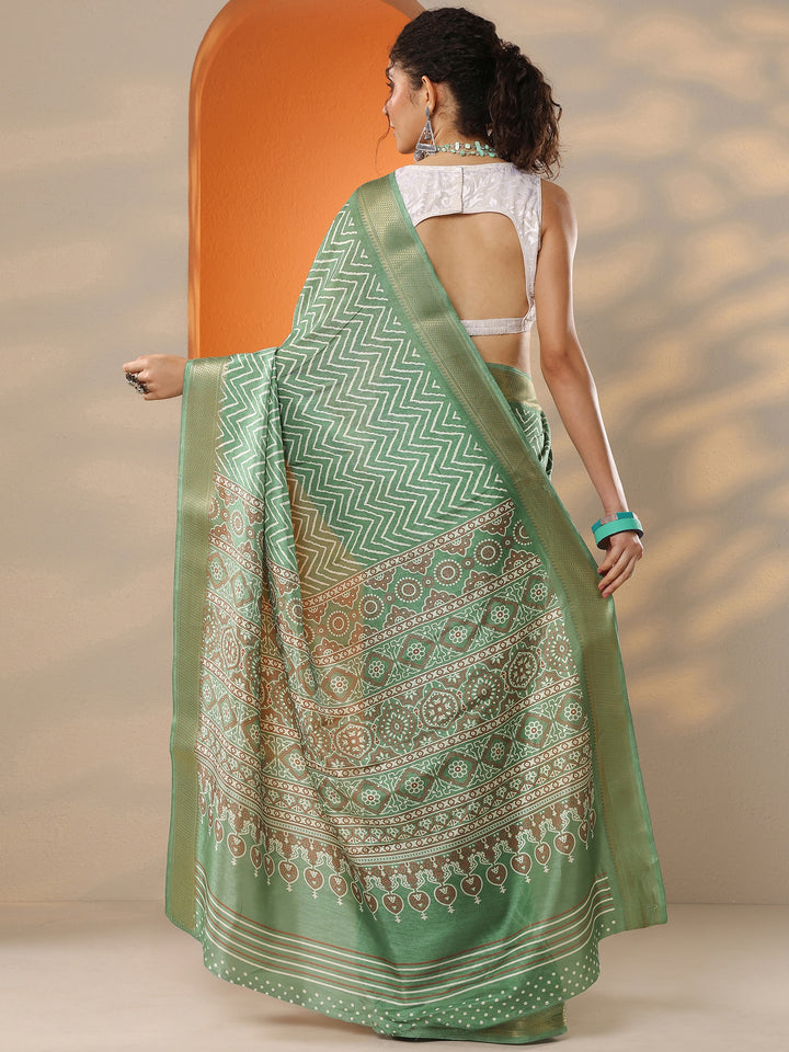 Green Leheriya Printed Silk Blend Saree With Unstitched Blouse Piece