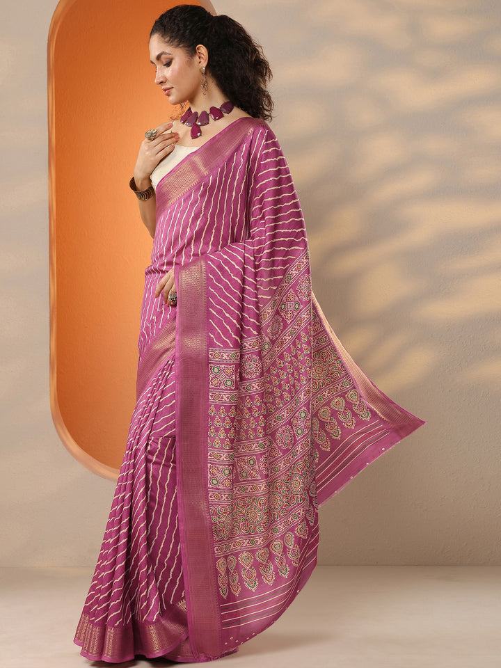 Pink Leheriya Printed Silk Blend Saree With Unstitched Blouse Piece