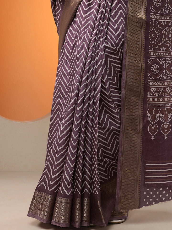 Brown Leheriya Printed Silk Blend Saree With Unstitched Blouse Piece