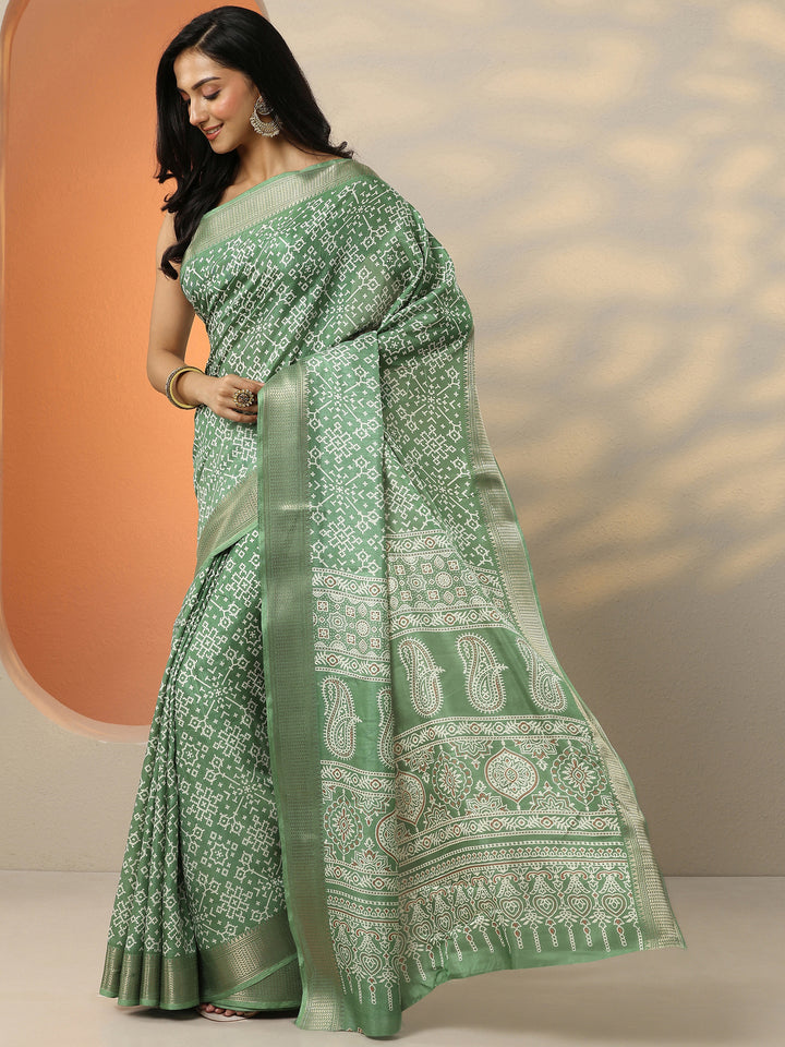 Green Printed Silk Blend Saree With Unstitched Blouse Piece