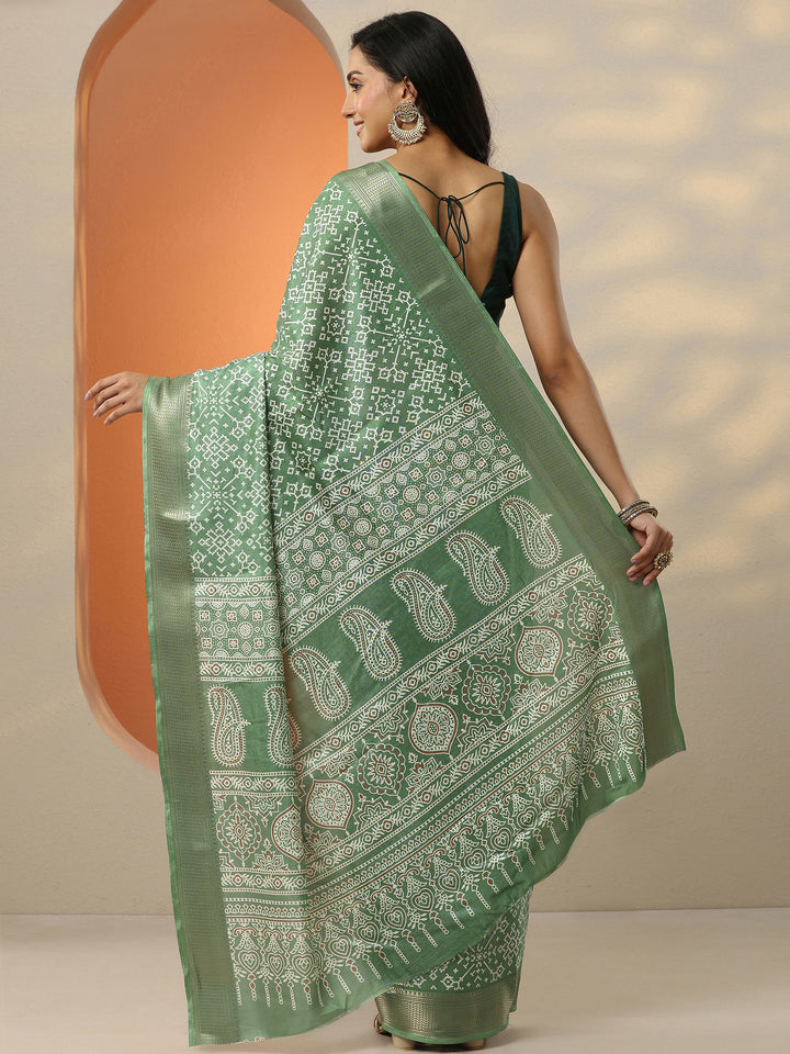 Green Printed Silk Blend Saree With Unstitched Blouse Piece