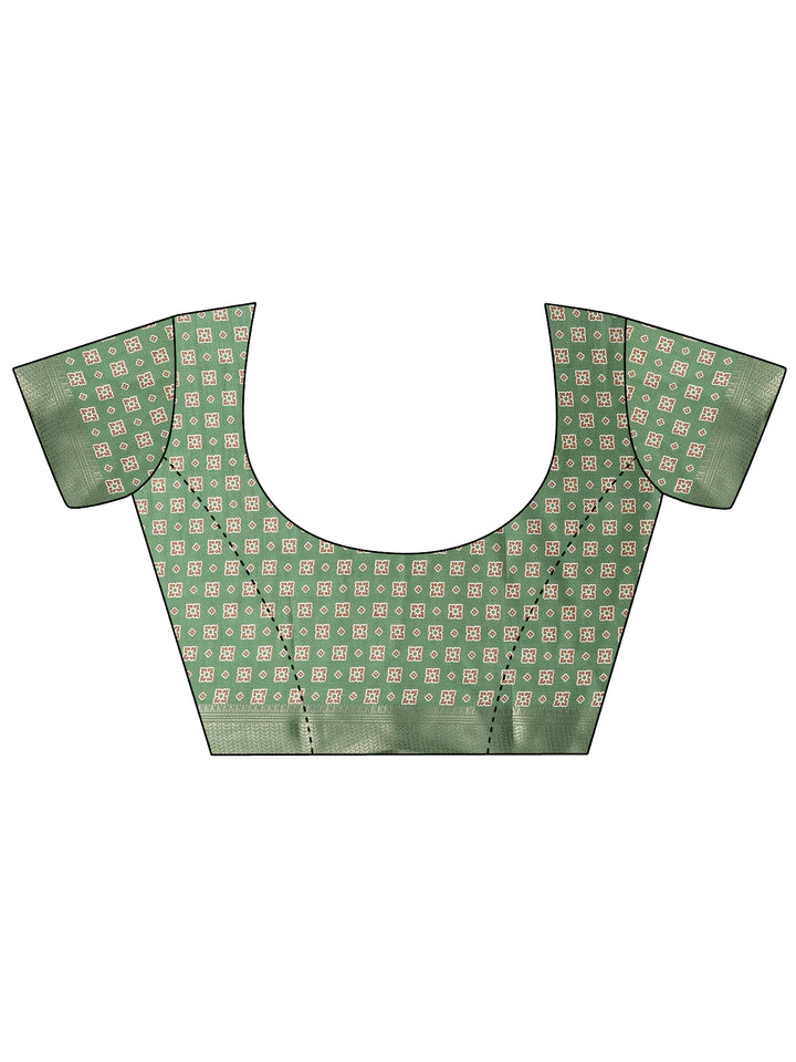 Green Printed Silk Blend Saree With Unstitched Blouse Piece