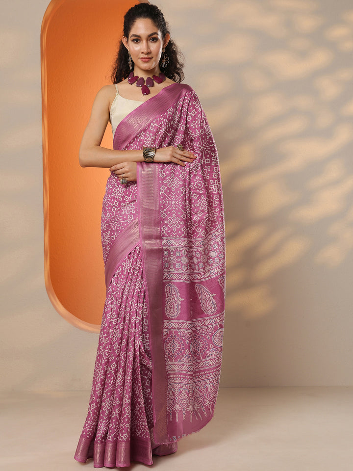 Pink Printed Silk Blend Saree With Unstitched Blouse Piece